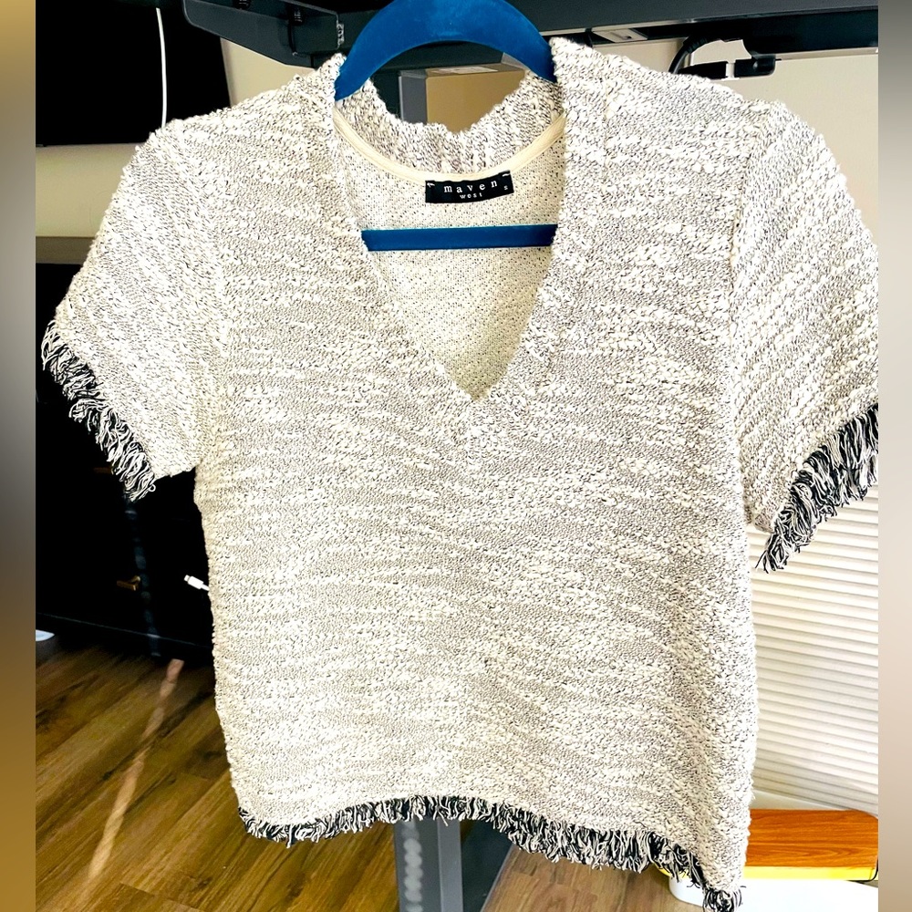 Maven West gray look shirt. Fringe on ends of sleeves and at the bottom.
